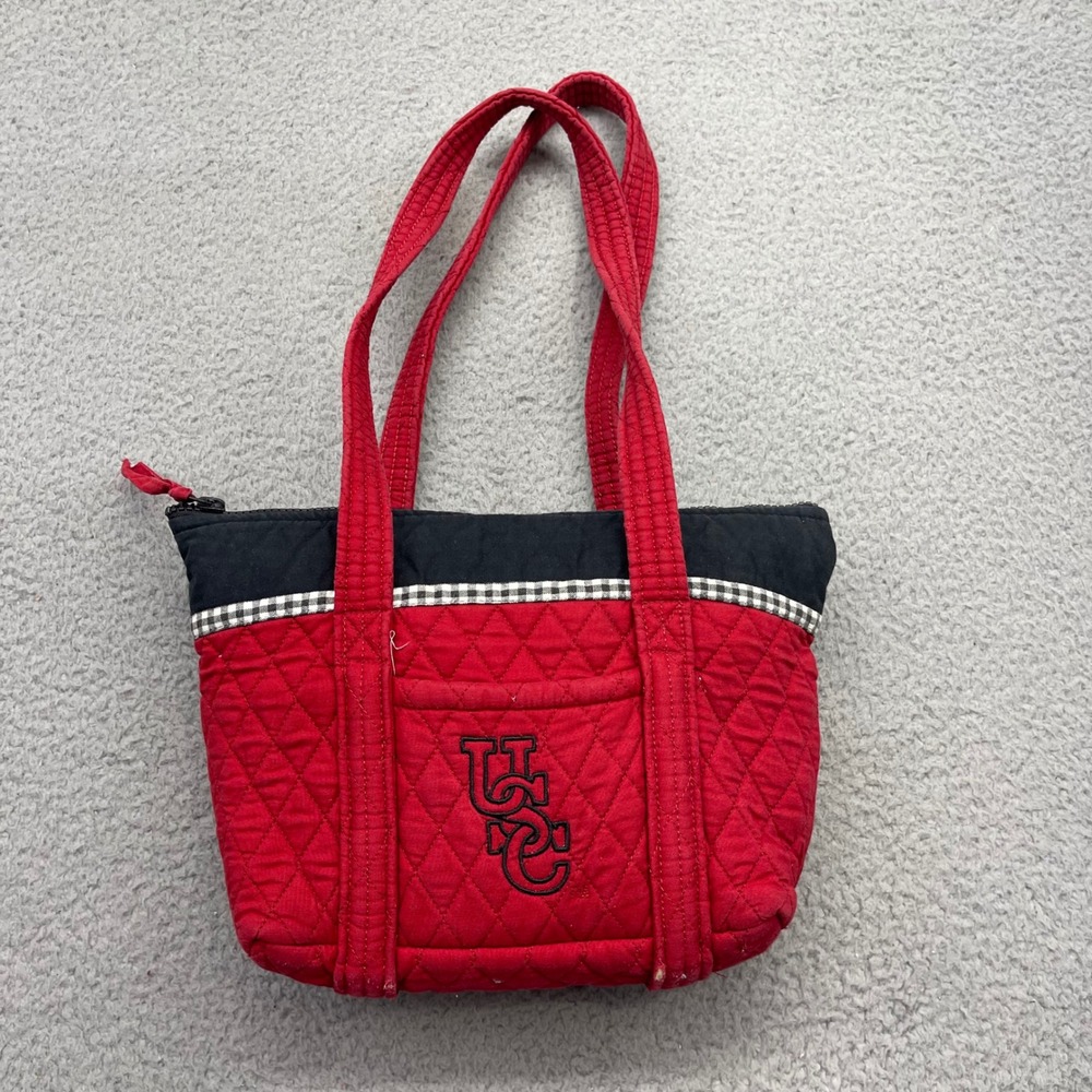 USC Gamecocks Small Red Quilted Bag Mini Tote Bag Gingham Trim Zippered Handbag